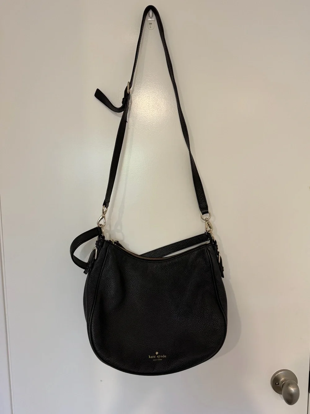 kate spade Black Pebbled Leather Crescent Shoulder Bag with Gold Hardware